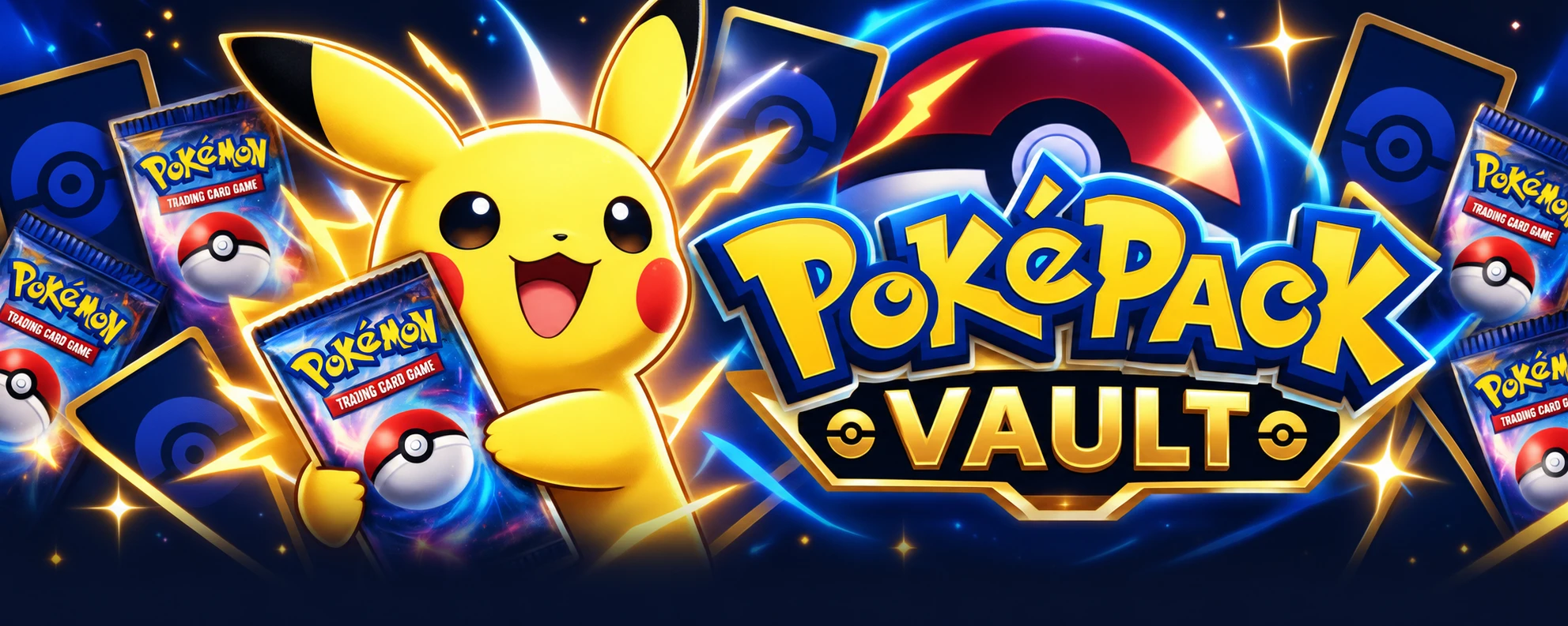 PokéPack Vault: Pikachu holding a booster pack against a glowing blue and gold background